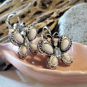 White Clear Crystal Rhinestone Butterfly Silver Plated Leverback Earrings
